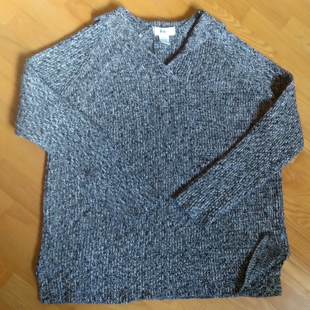 KIKIT Classic‎ Women's Black White Heathered Vneck Winter Sweater with Collar XL